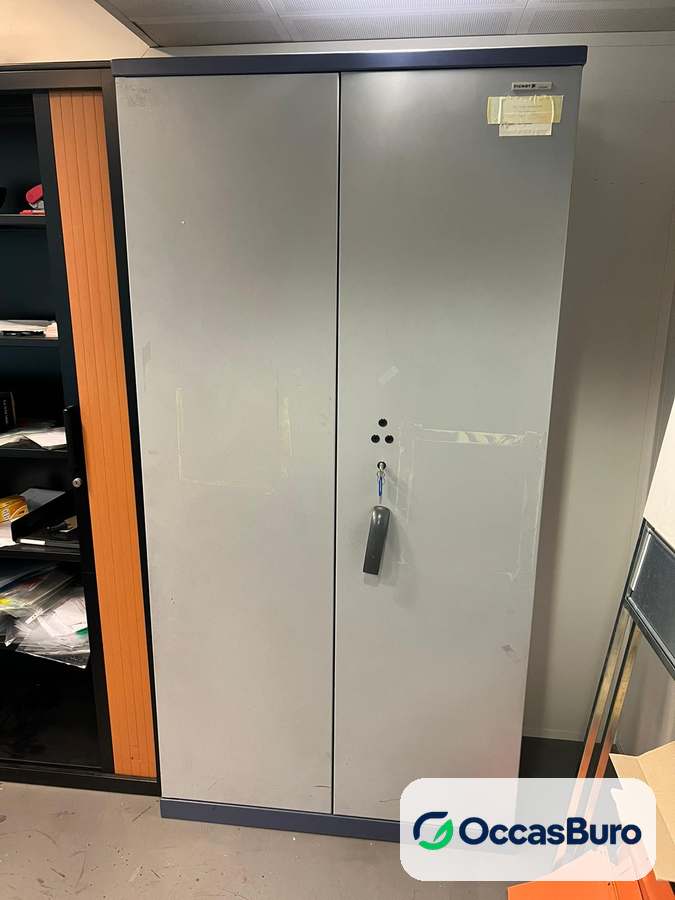 Armoire haute gris clair à 2 portes, intérieur bleu nuit – reconditionnée