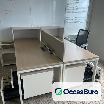 Bench 2 postes chêne clair, écran tissu gris et caissons – reconditionné