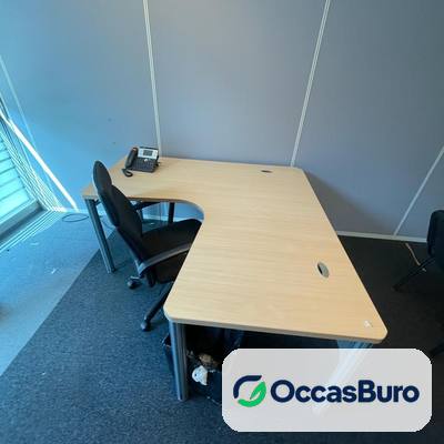 Bureau d'angle reconditionné hêtre clair, piètement métal gris
