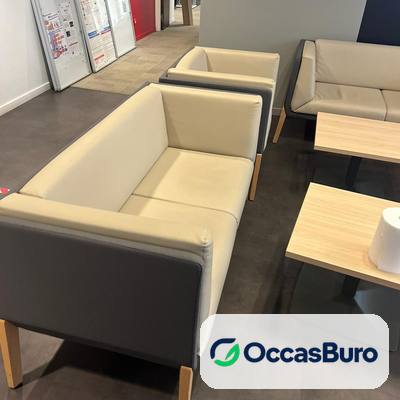 Canapé 2 places beige et gris, pieds bois, pour accueil – reconditionné