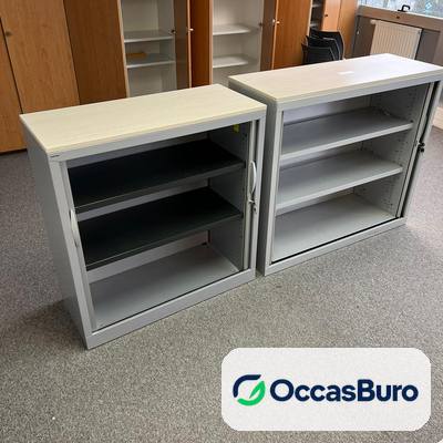 Meuble bas de rangement ouvert gris, dessus clair – reconditionné