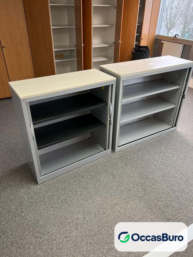 Meuble bas de rangement ouvert gris, dessus clair – reconditionné