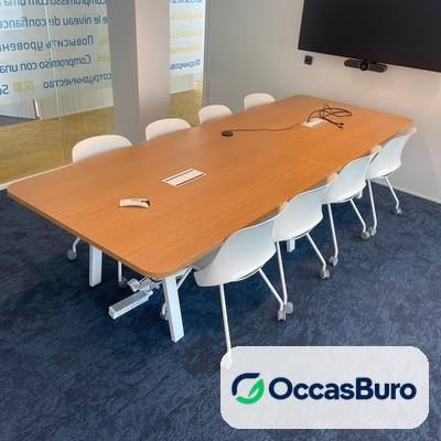 Table de réunion 10 places bois, métal blanc et trappes – reconditionnée