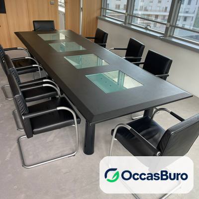 Table de réunion design noire à inserts verre, 8 à 10 places