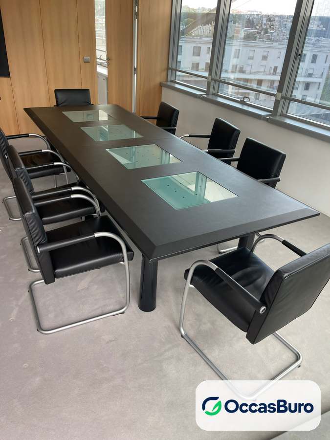 Table de réunion design noire à inserts verre, 8 à 10 places