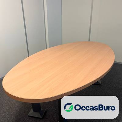 Table de réunion ovale ton hêtre 6-8 places, 2 pieds noirs – reconditionnée