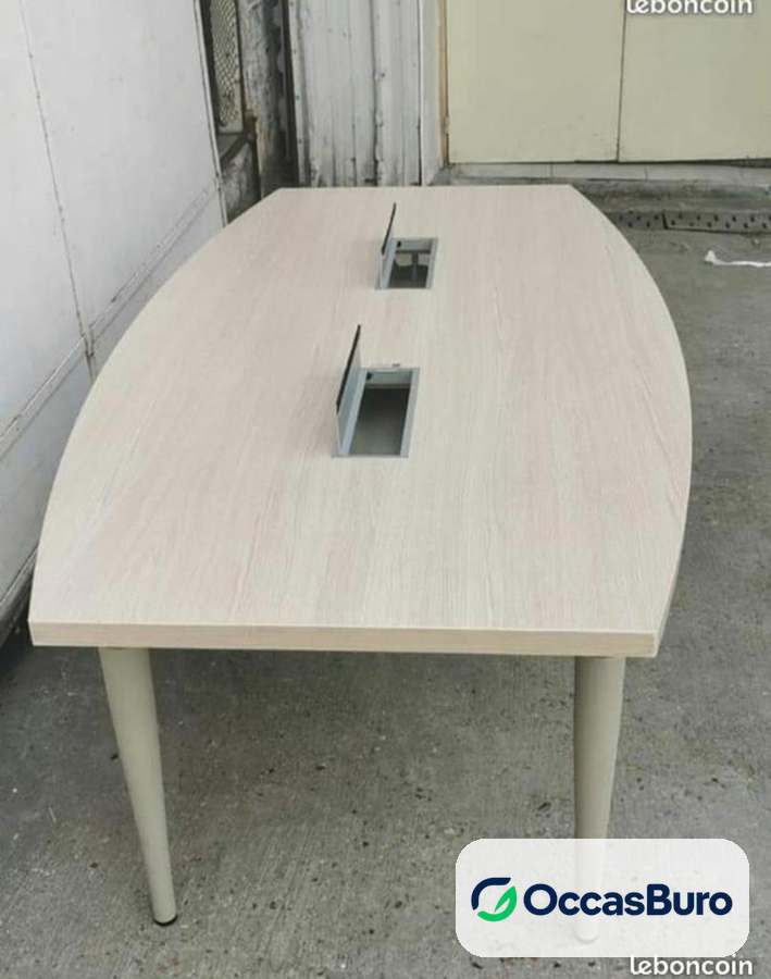 Table de réunion tonneau chêne blanchi, 2 trappes – reconditionnée