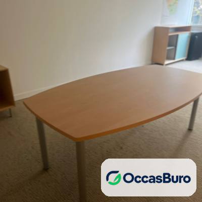 Table de réunion tonneau ton hêtre 6-8 places, pieds gris – reconditionnée