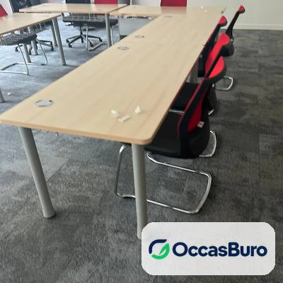 Table modulaire érable clair sur pieds cylindriques gris – reconditionnée