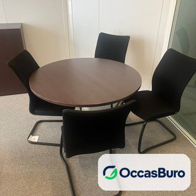 Table ronde 4 places ton bois foncé sur piètement central – reconditionnée