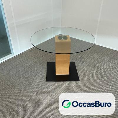 Table ronde en verre sur colonne bois clair, reconditionnée