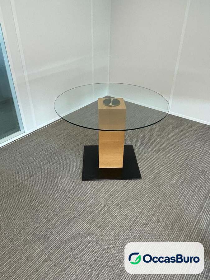 Table ronde en verre sur colonne bois clair, reconditionnée