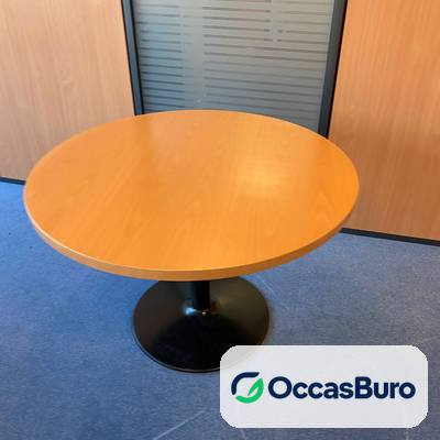 Table ronde hêtre verni 4 places, pied tulipe noir – reconditionnée