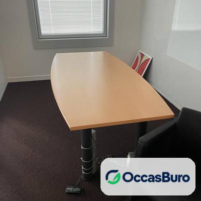 Table tonneau 6 places reconditionnée, hêtre et piètement gris foncé