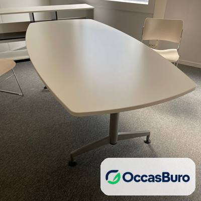 Table tonneau blanche sur pied central métal, 6 à 8 places